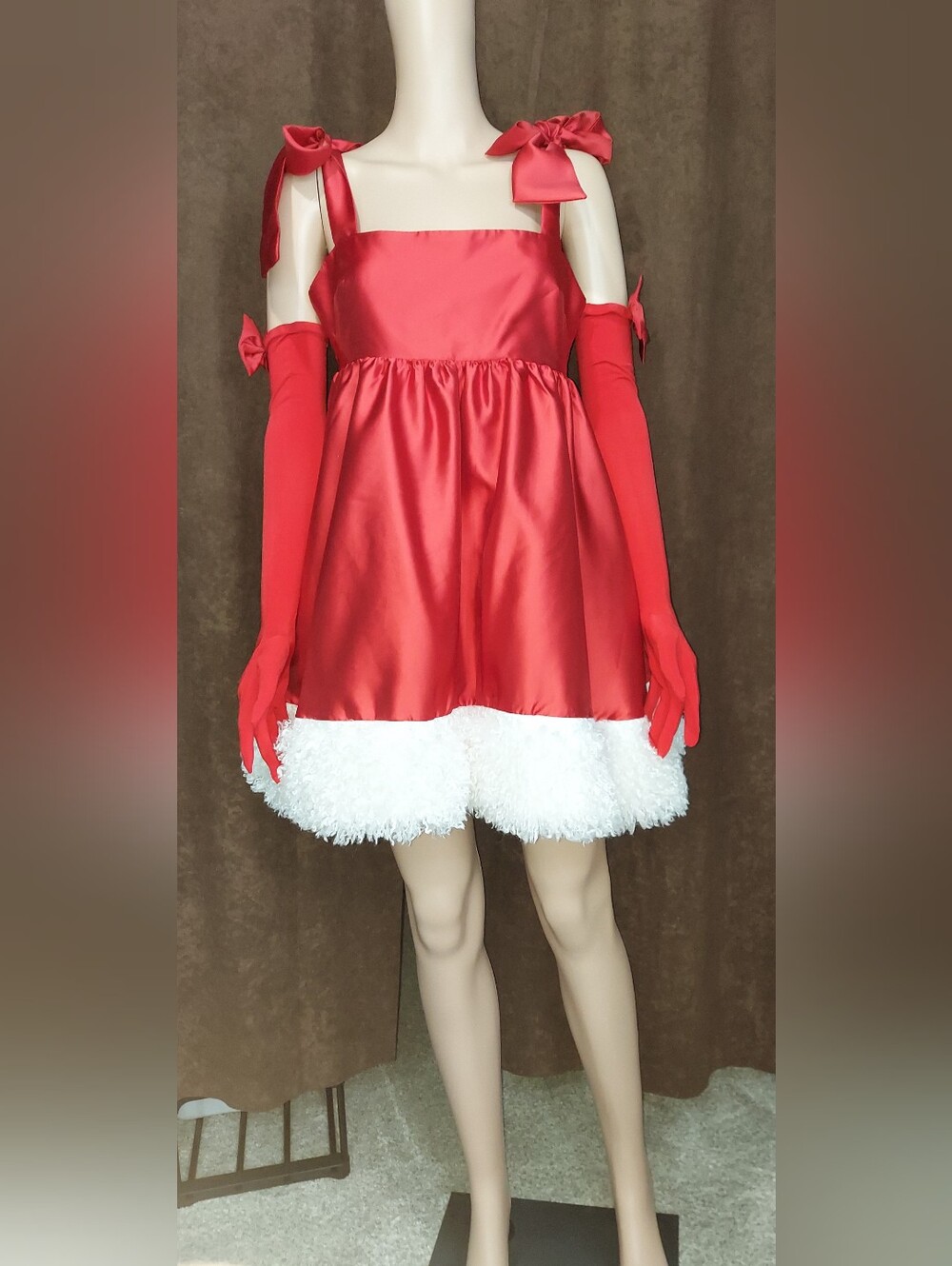 Dolls Kill Red Satin Babydoll Chemise with White Faux Fur Hem